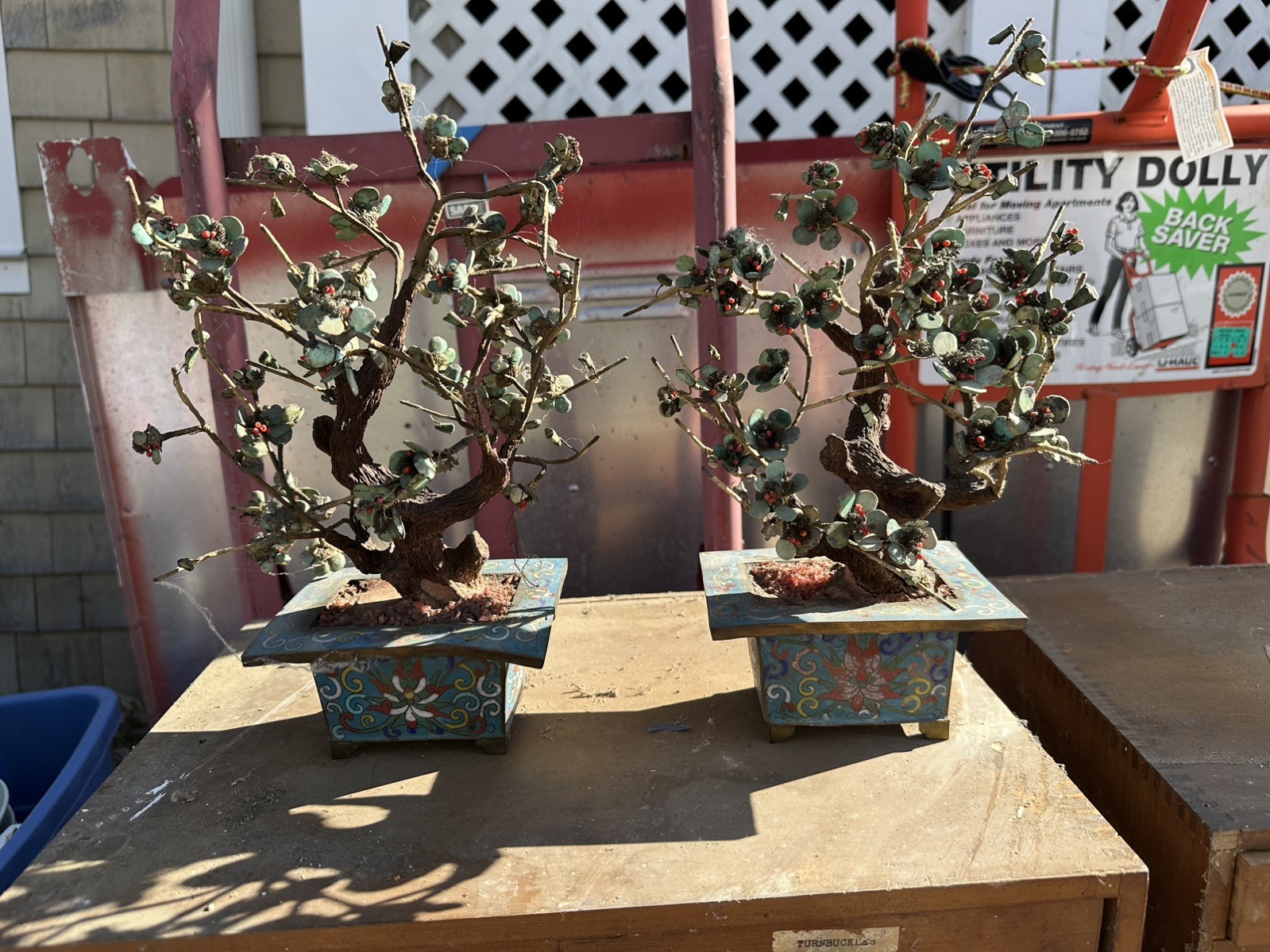 Vintage Pair of Chinese Hardstone Flower Bonsai Trees in Cloisonne Enamel Pots