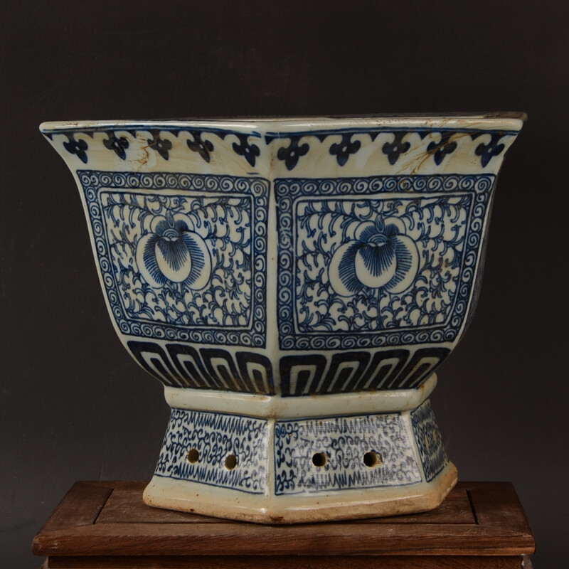 8.8″ Collect China Blue White Porcelain Lotus Flower Grain Hexagon Flower Pot