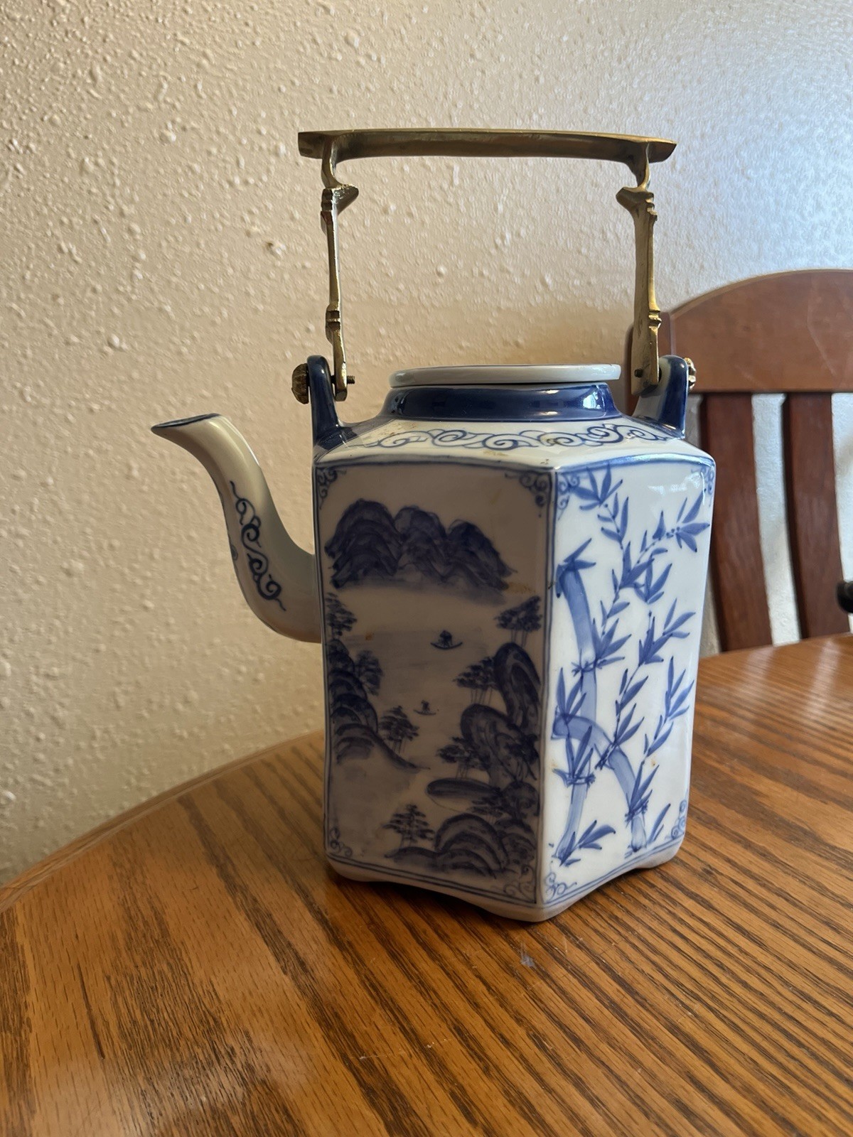 Large Vintage Thailand Blue & White Porcelain Teapot with Brass Handle