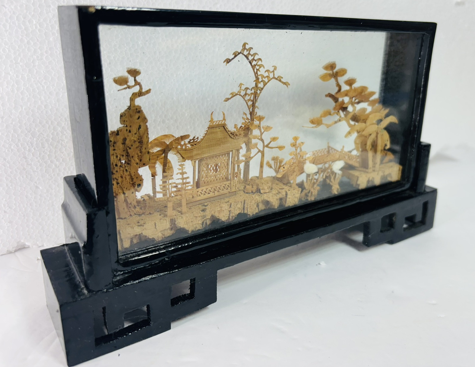 Vintage Hand-Carved Chinese Cork & Wood Diorama Encased In Glass & Wood Stand