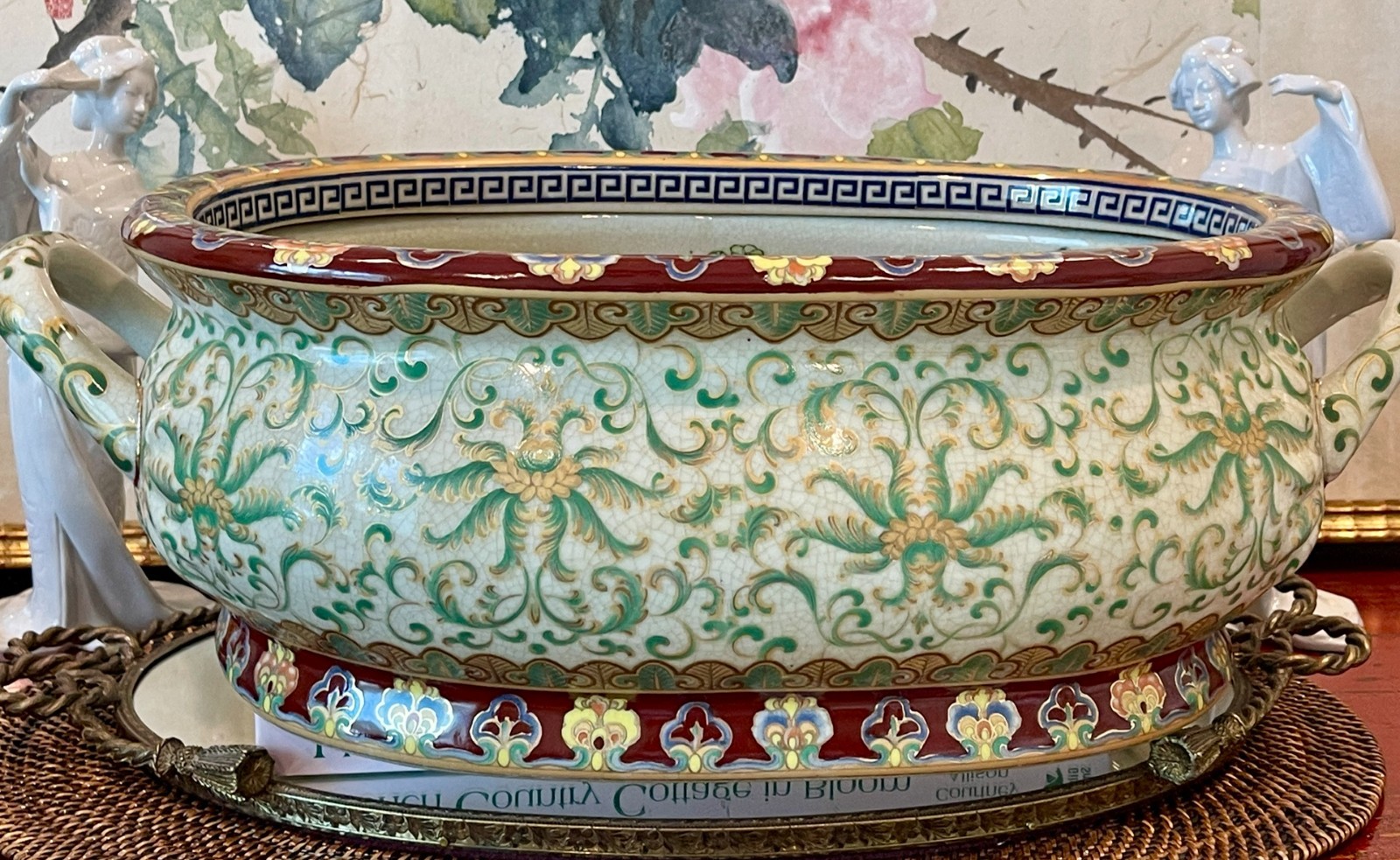 Extra Large 19.5″ Vintage Chinese Porcelain Footbath Verdant Chinoiserie Floral