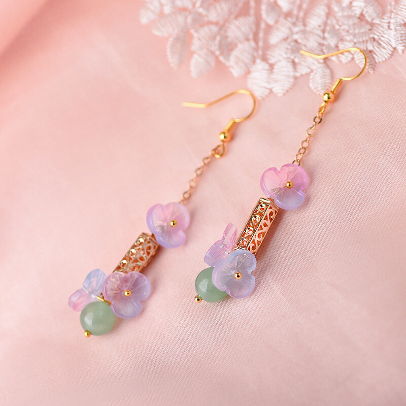 Chinese Dongling Jade/Coloured Glaze Flower Gild Tibetan Style Earbob Earrings