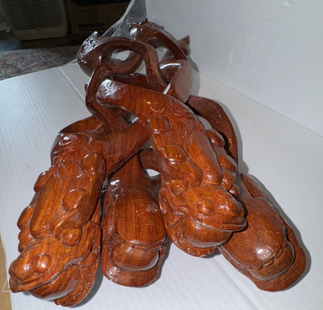 Carved Wooden Collapsing Dragon Bowl/ Planter Stand 9.5”tall, 12” Wide 15.5” L