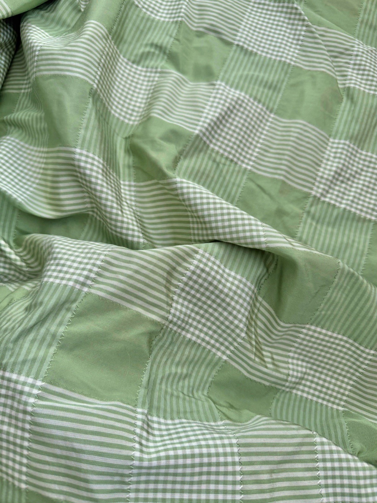 VTG French Embroidered Stitched Taffeta Green Plaid Seersucker Tartan 3.9Yds