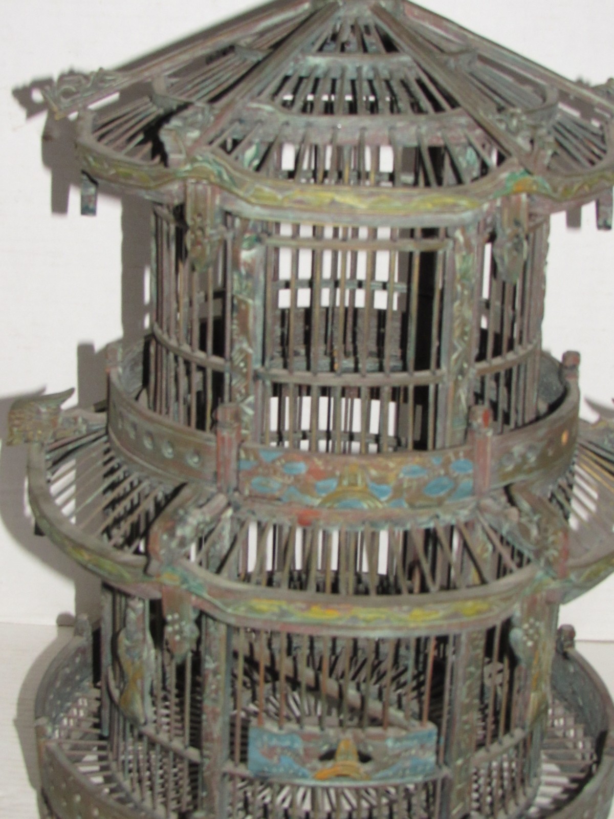 Vintage Chinese Wood Carved Pagoda Bird Cage, Oriental Geisha, Round
