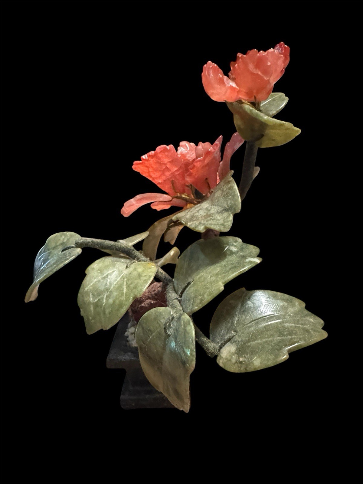 Vintage 10” Chinese Jade Quartz Bonsai Tree Floral Carved Flower Tree
