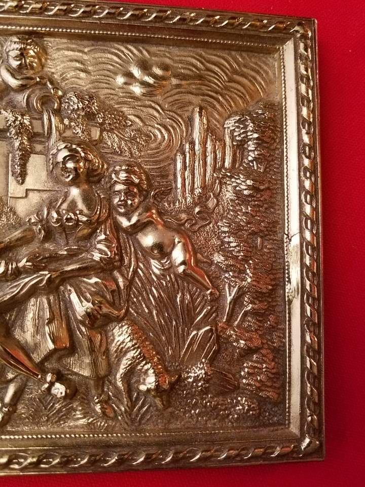 Vintage Couple with Dog & Two Cherubs Embossed Brass Trinket Box Cover Lid 6×5″