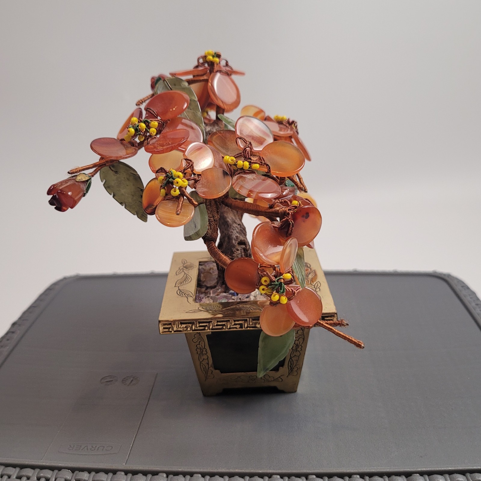 CHINESE HARDSTONE BONSAI TREE w/ CARNELIAN FLOWER/NEPHRITE INLAID JADE HONG KONG