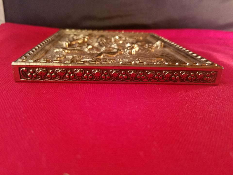 Vintage Couple with Dog & Two Cherubs Embossed Brass Trinket Box Cover Lid 6×5″