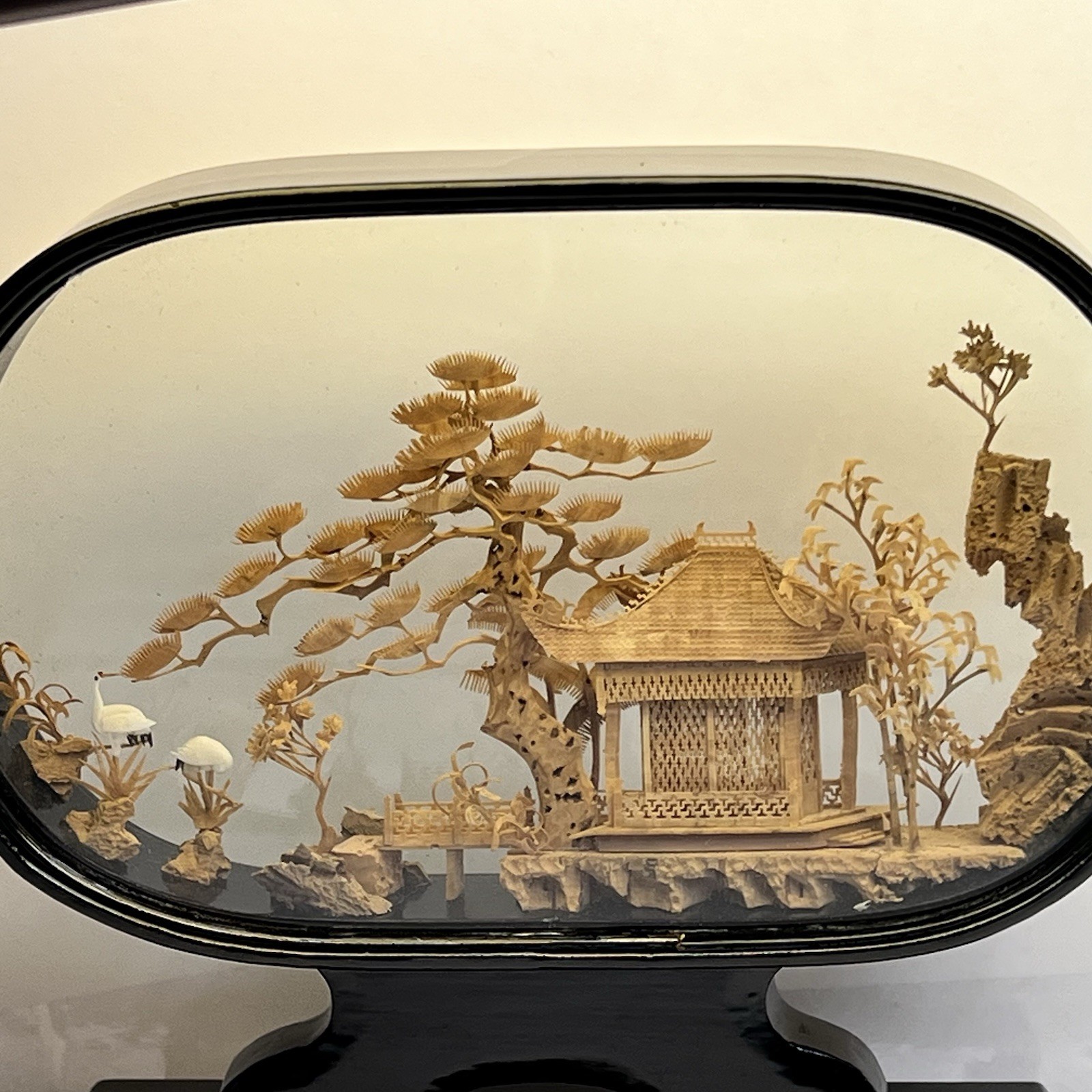 Vtg San Diorama Cork HandCarved W/ Pagoda Trees & Cranes In Glass Case 6X7”