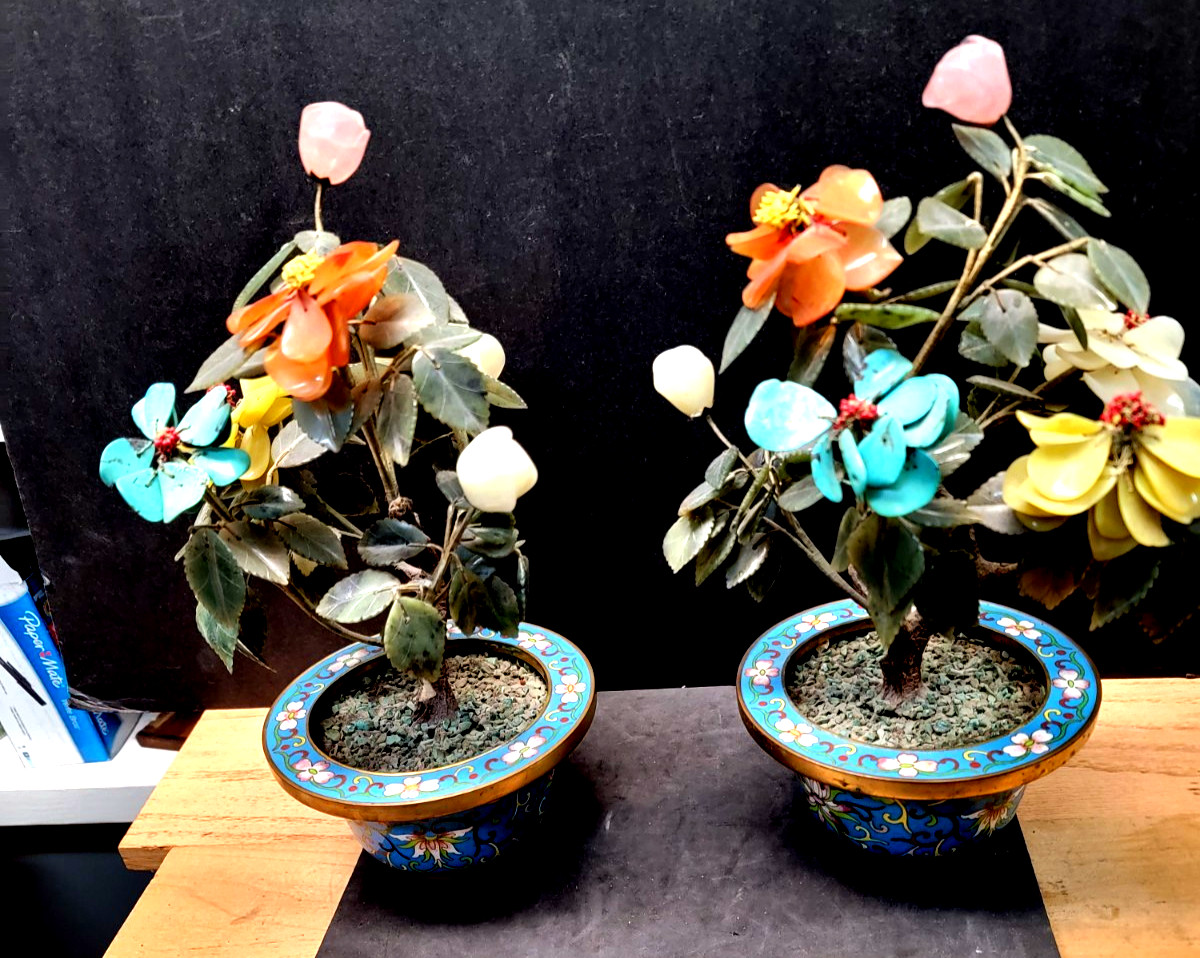 VINTAGE CHINESE HARDSTONE/GEMSTONE 14 IN. BONSAI TREES IN CHAMPLEVE BOWLS-(2)