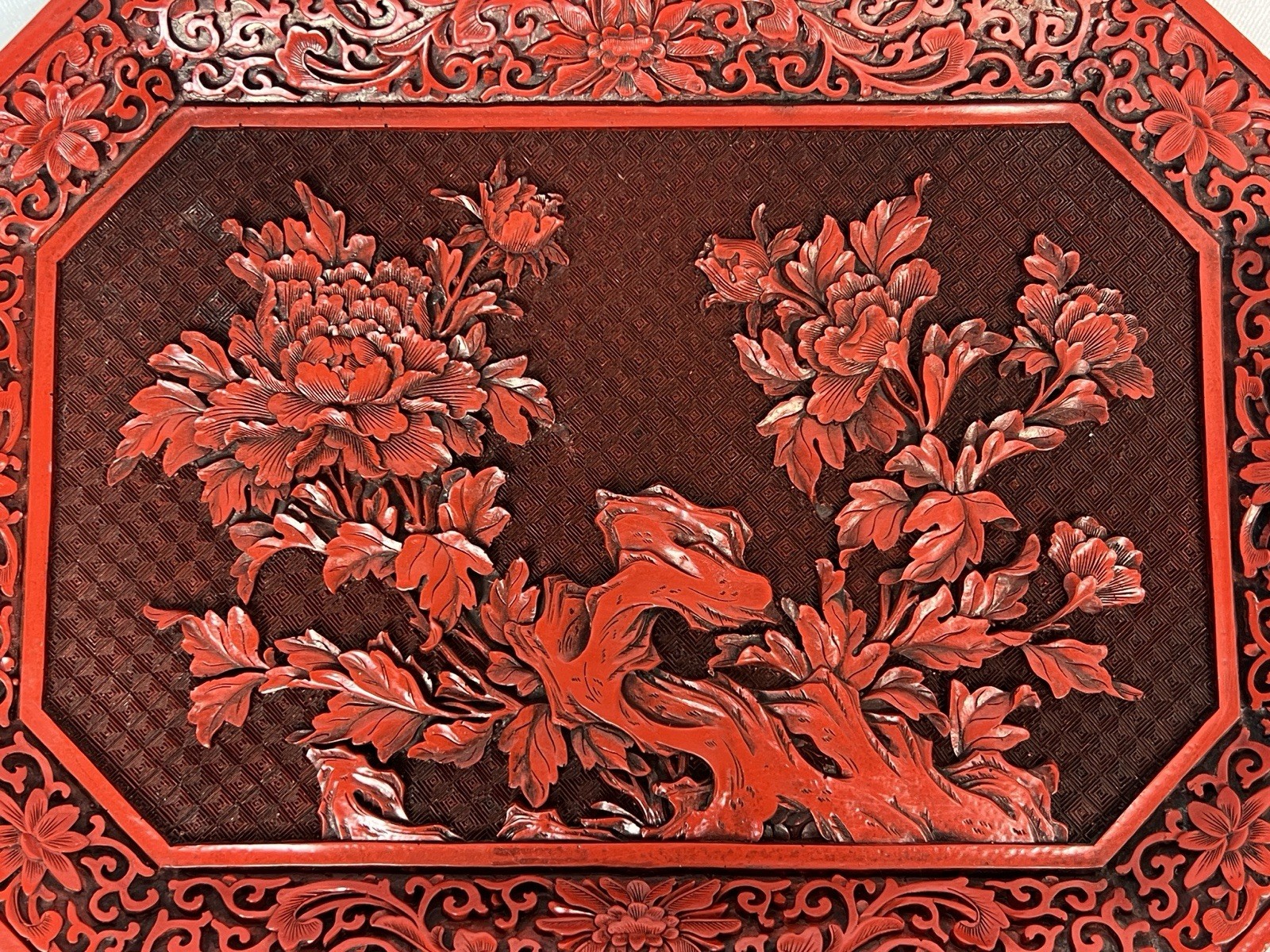 Vintage Chinese Cinnabar Lacquer Serving Tray Platter Carved Peony Floral 14×10″