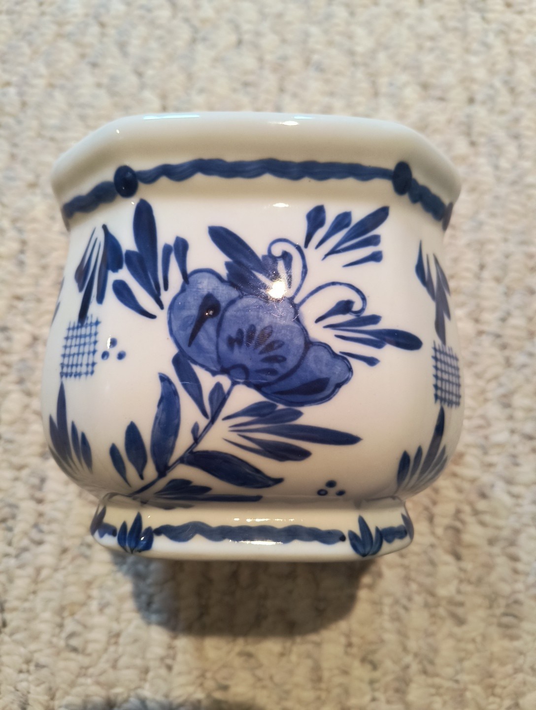 Planter Cloisonne Delft Style Windmill Floral Vintage Blue And White China