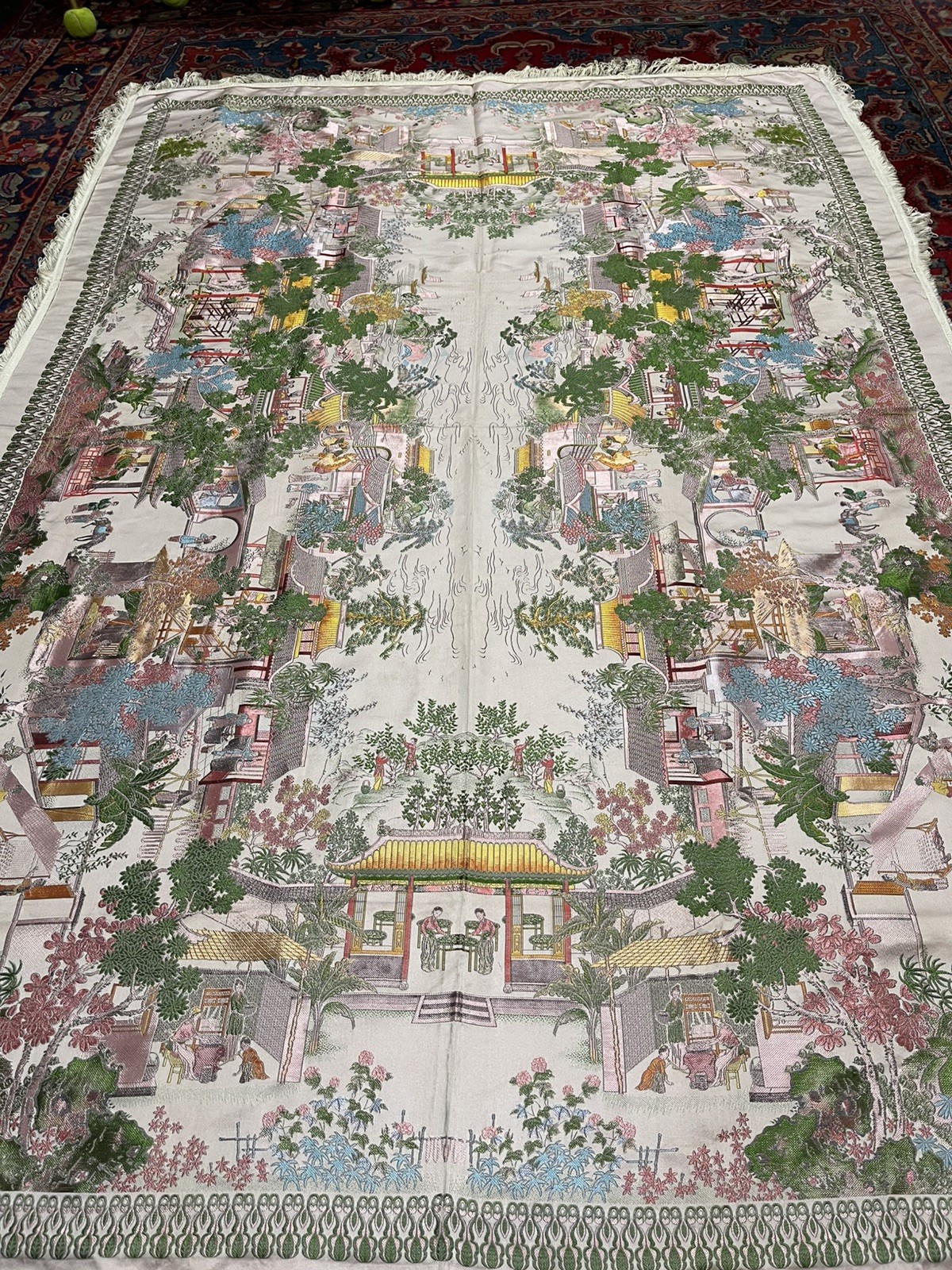 Vintage Gorgeous “Brocaded Flowers” Chinese Silk Tapestry Tablecloth 80″x54″