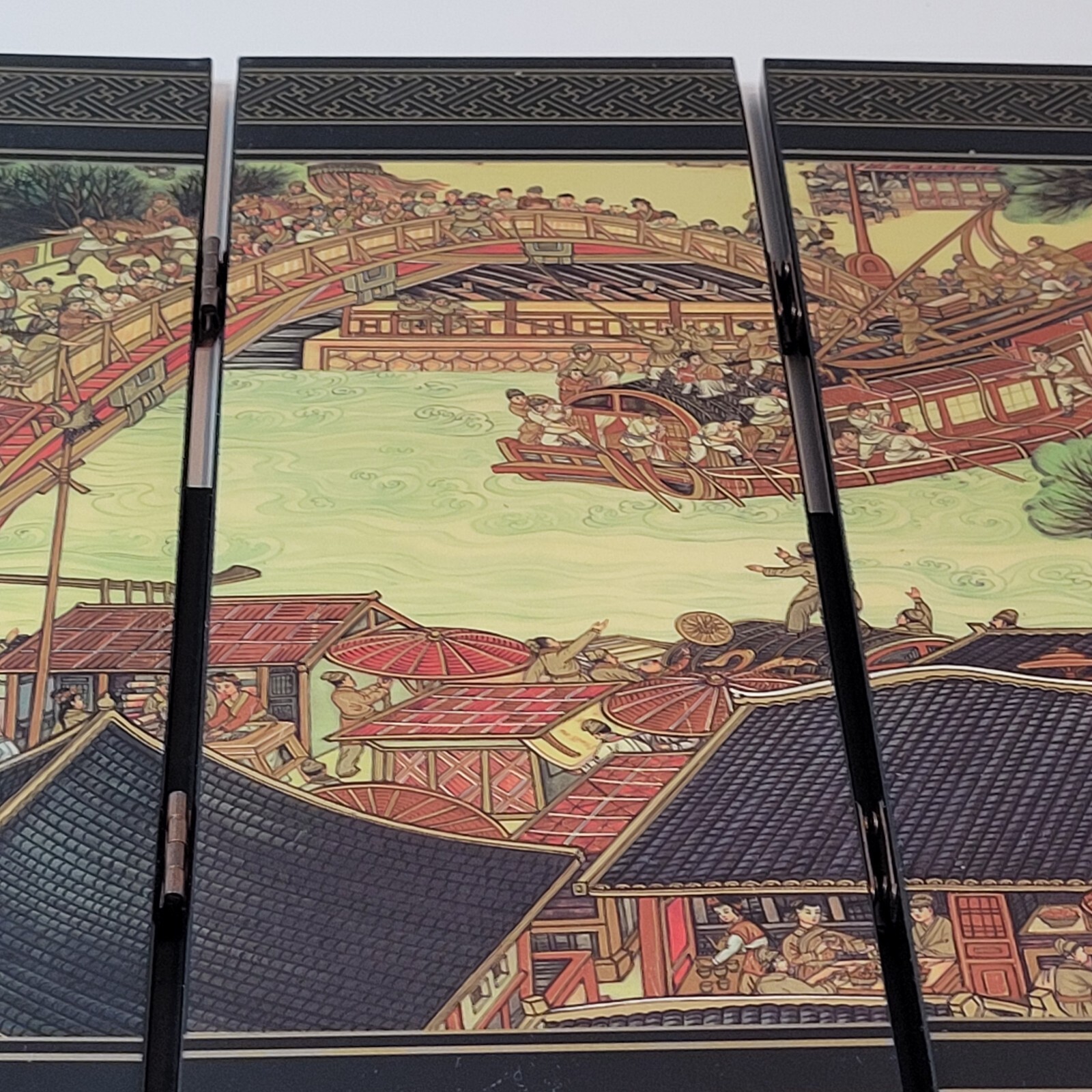 Asian Tabletop Folding Screen 4 Panels 2 Sided Festival Scene Acrylic 9.5×18″