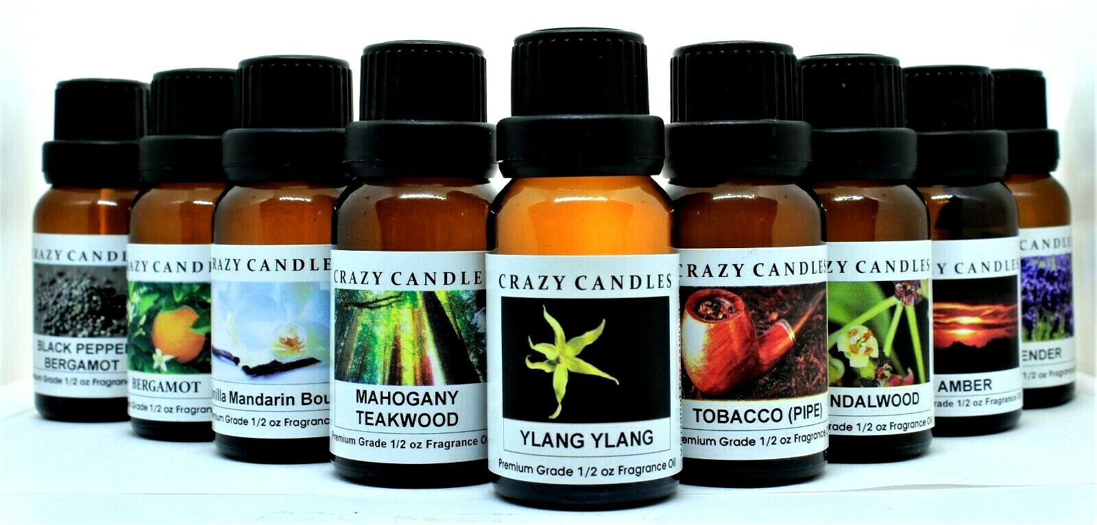 9 Bottle Oil Set Leather, Tobacco, Amber, Bergamot, Plus 5 more Crazy Candles