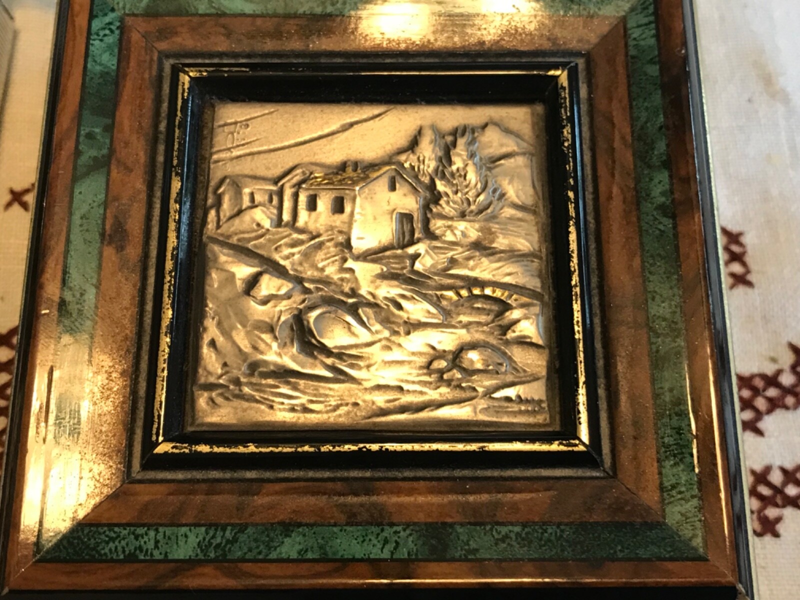 VINTAGE CARVED METAL RELIEF SCENE ITALY black laquer marguetry