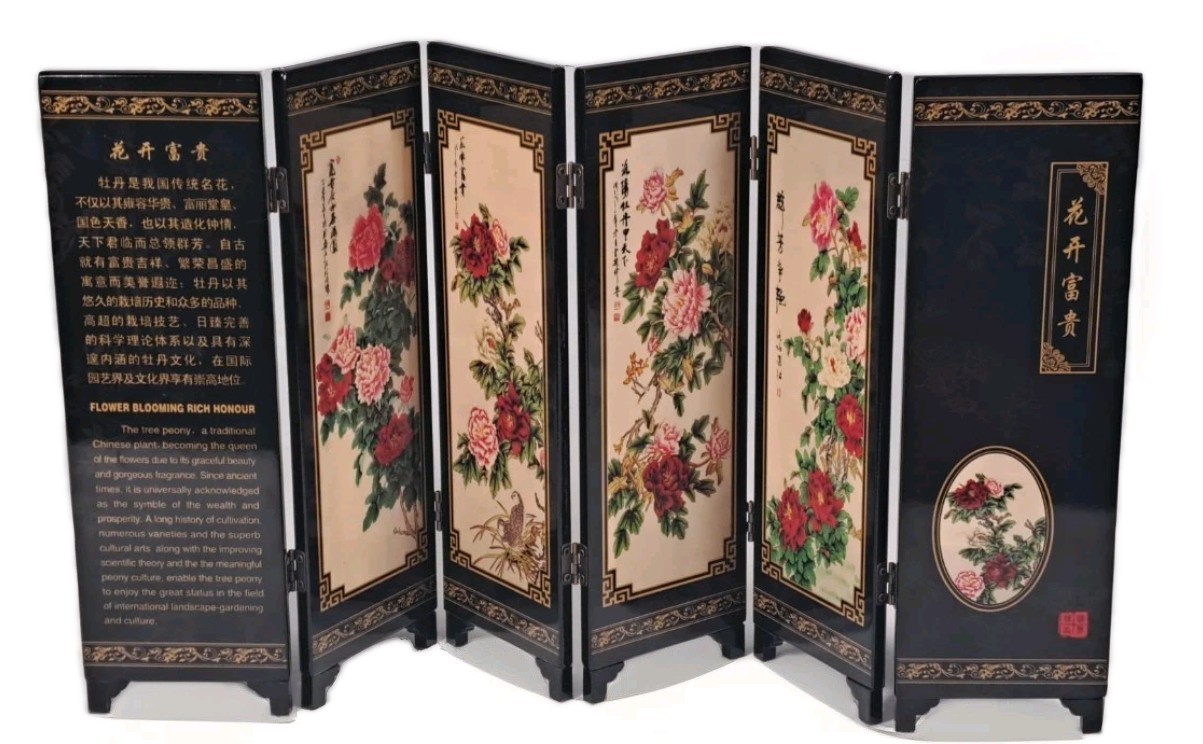 Lacquered Screen 6 Panel Floral Design Table Top Folding Chinese Screen