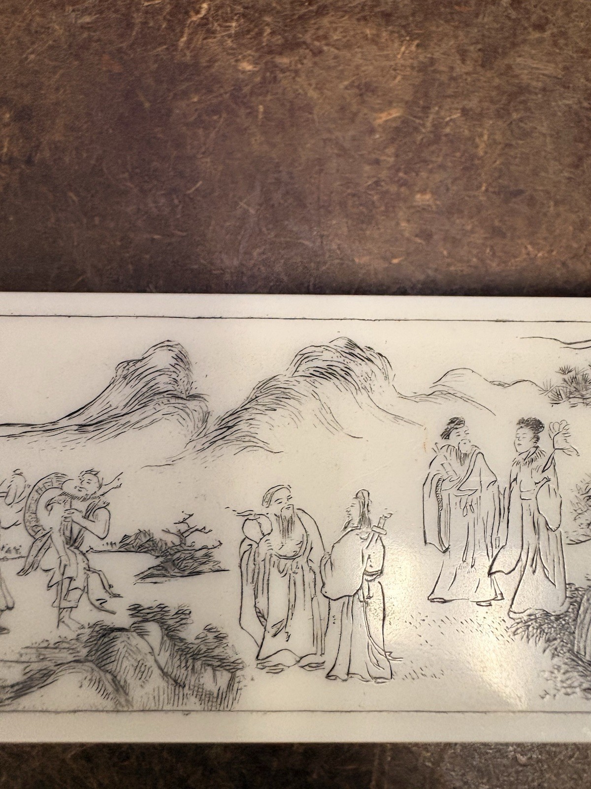 Chinese Rectangular Porcelain Plaque Ink Landscape Figures Calligraphy Red Seals