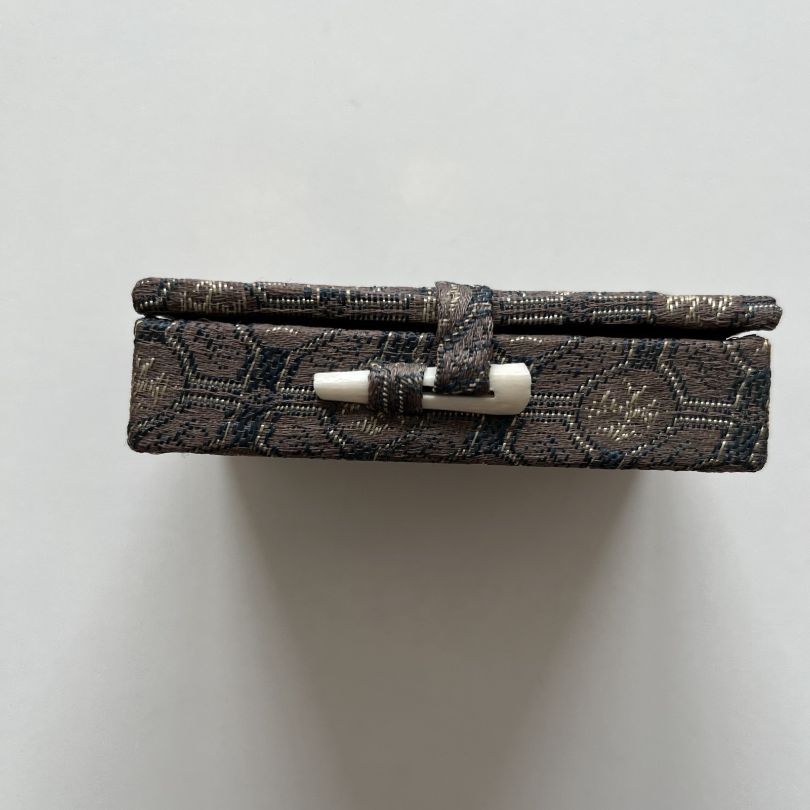 Vintage Miniature Brass Chinese Suanpan 9 Rod Abacus With Silk Brocade Box.