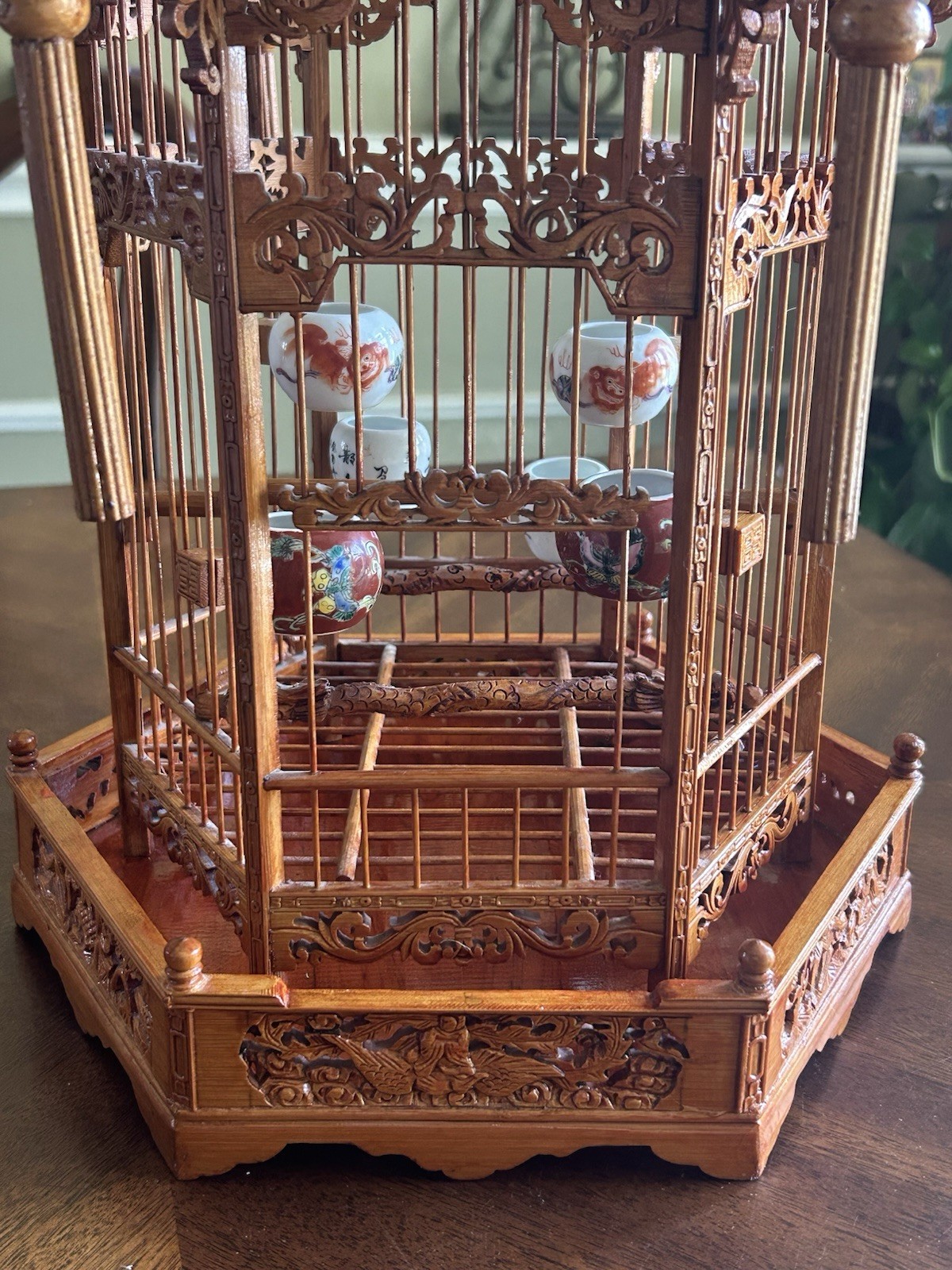 Antique Chinese Bamboo Bird Cage Hand Carved Vintage Feeders