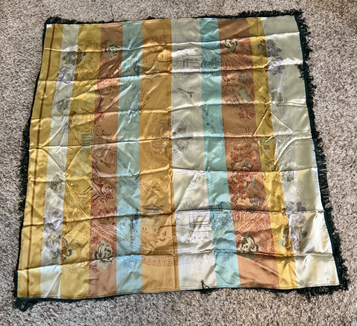 VTG Hangzhou Chinese Silk Brocade Piano Scarf Dragon Phoenix Tablecloth 48”