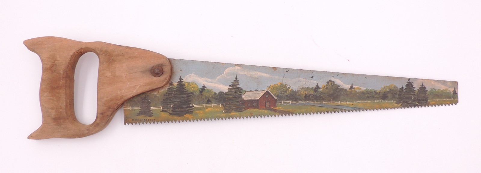 Vintage Hand Painted Hand Saw Folk Art Americana Country Cabin Landscape Signed