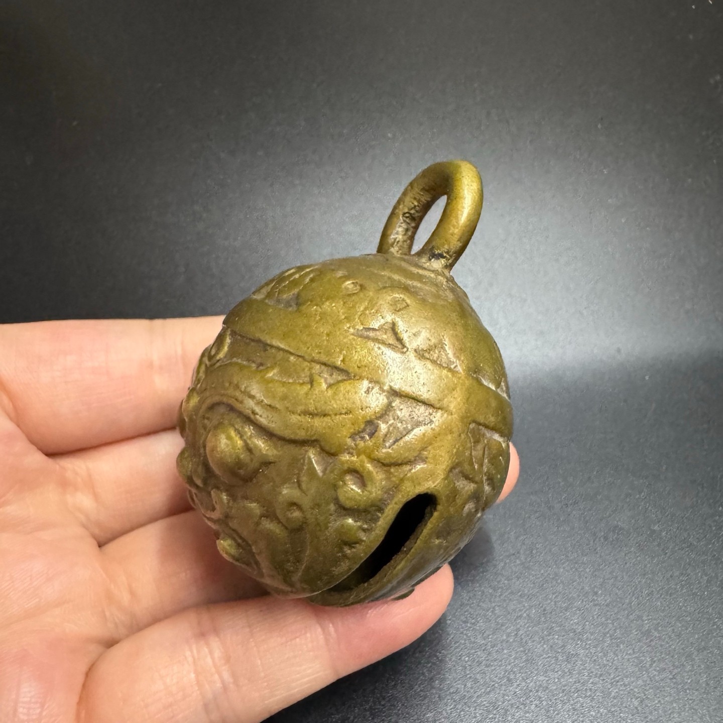 Vintage Chinese Bronze Lion Face Bell Antique Brass Beast Head Hanging Ornament