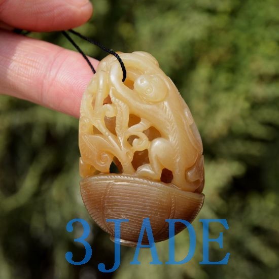 Natural Hetian Nephrite Jade Carving Pendant Monkey Flower Basket w/ Certificate