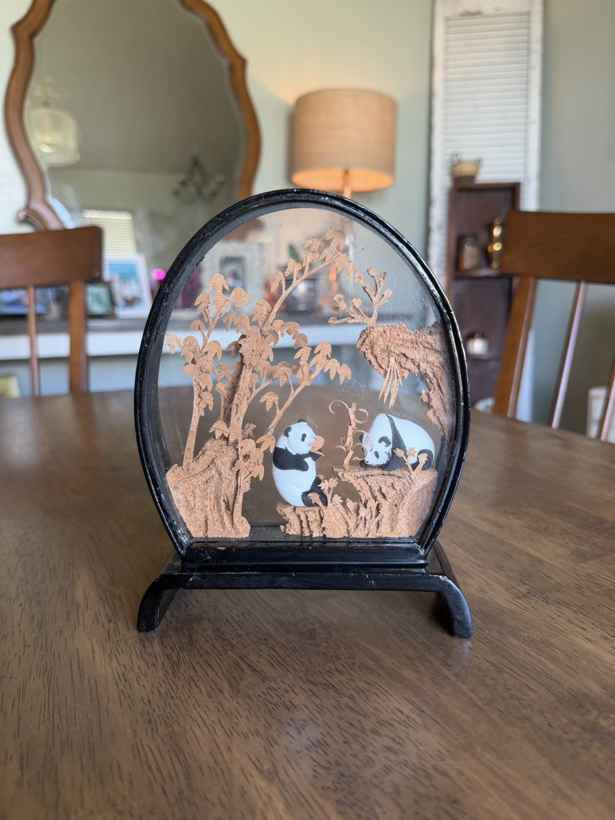 Vintage Chinese Cork Art Panda Scene Diorama Black Lacquer Frame Asian Shadowbox