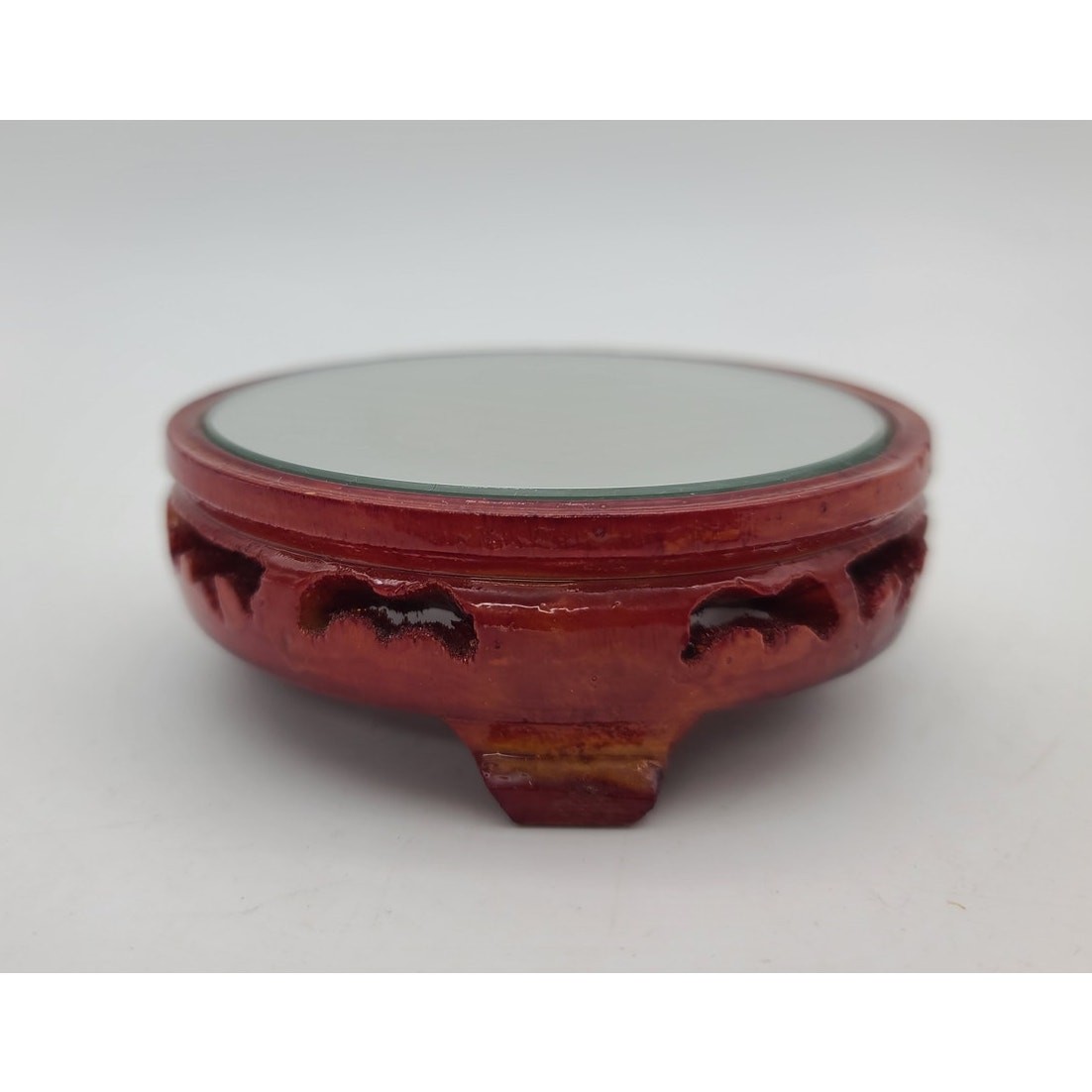 Vintage Chinese Ornate Carved Wood Display Stand Riser Inlaid Mirror 4″ Footed