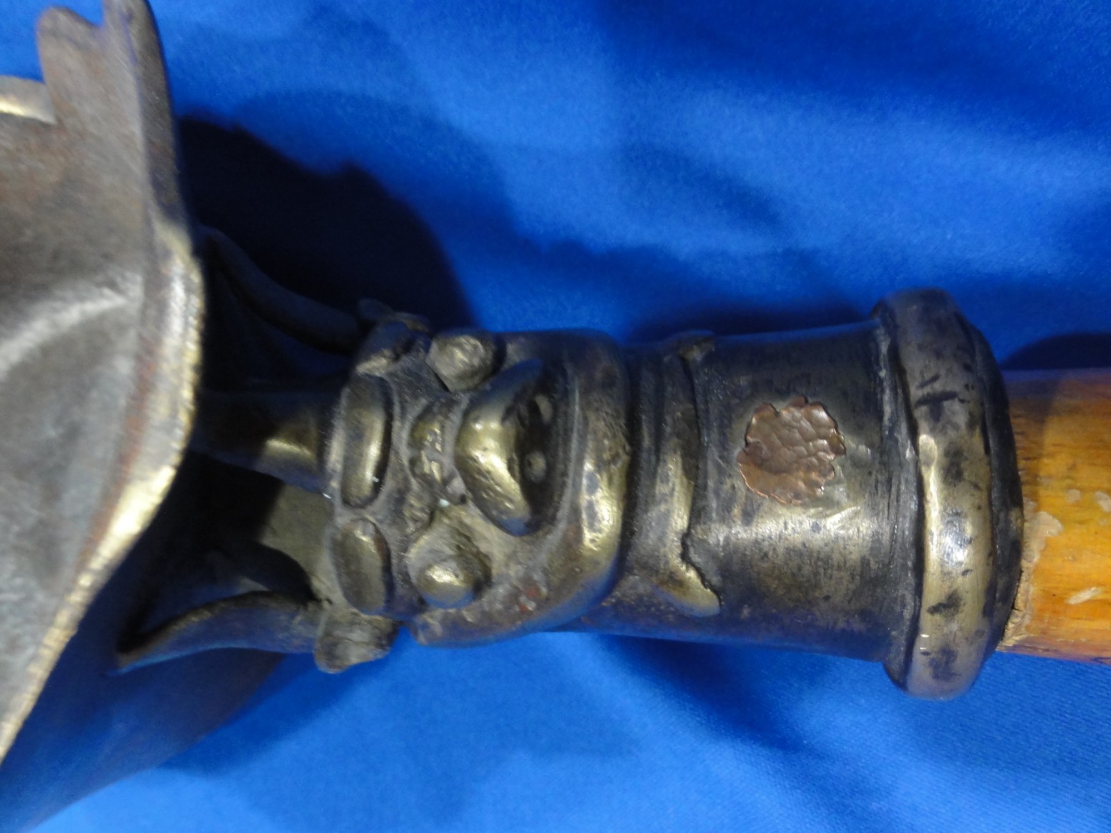 ANTIQUE CHINESE BRONZE CHARCOAL SILK IRON, HEAVY DUTY, 13.75” LONG, WOOD HANDLE