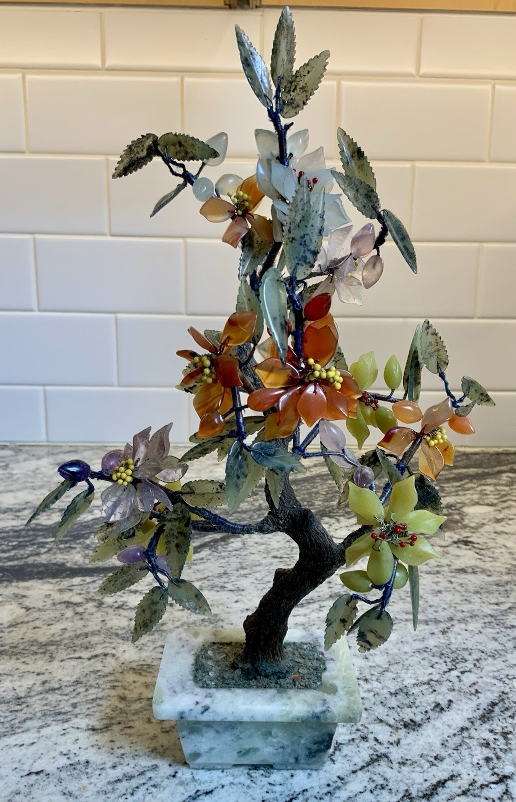 Beautiful Chinese Jade Stone Glass Bonsai Mineral Tree Multi Color 12”X5”