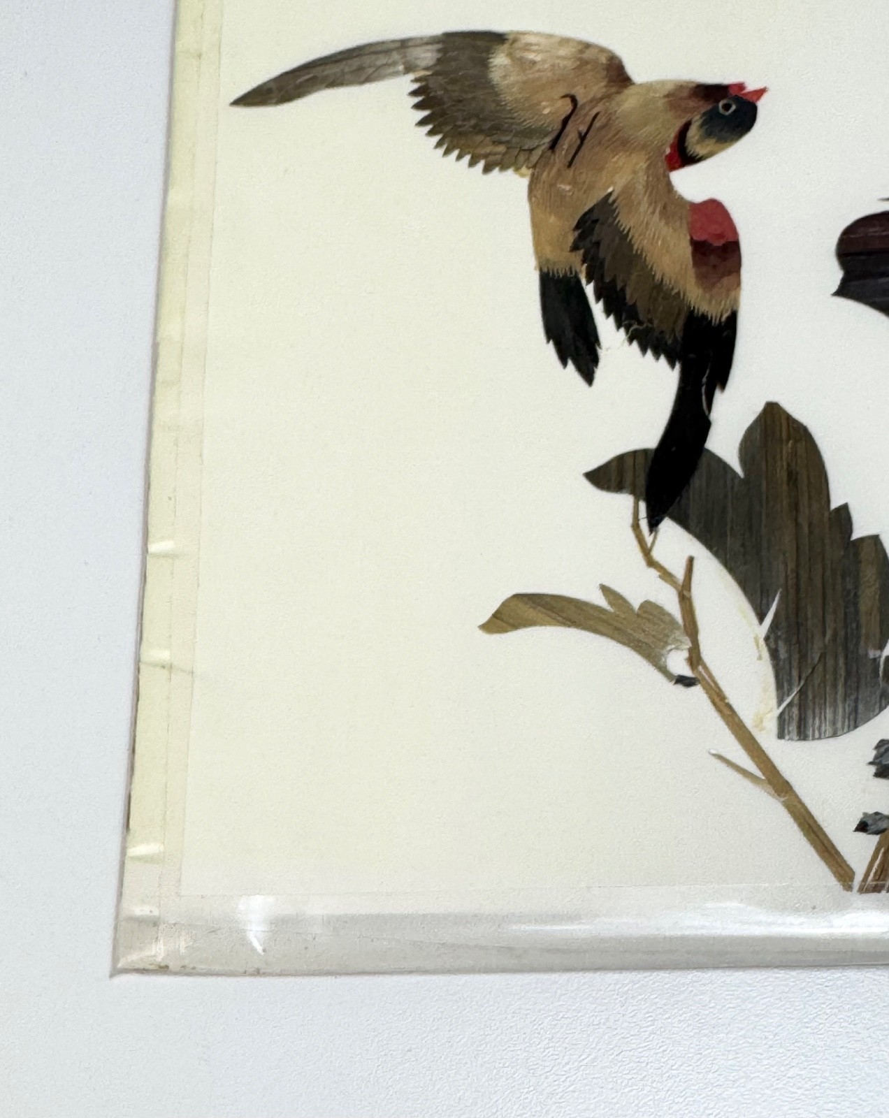 Vintage Chinese Wheat Straw Birds and Flowers Hand Crafted Art Panel 11×14 Inch
