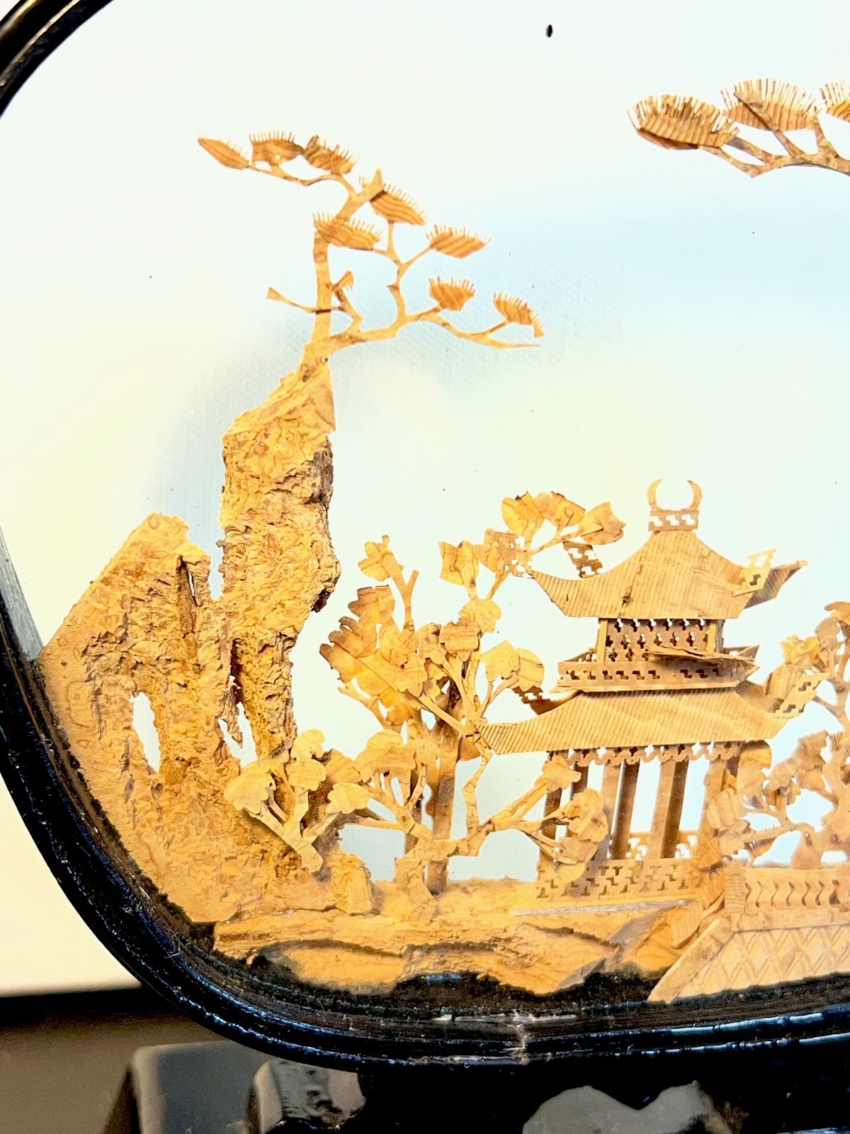 VTG Chinese Hand Carved Cork Diorama Shadow Box Asian Art Pagoda Cranes Trees