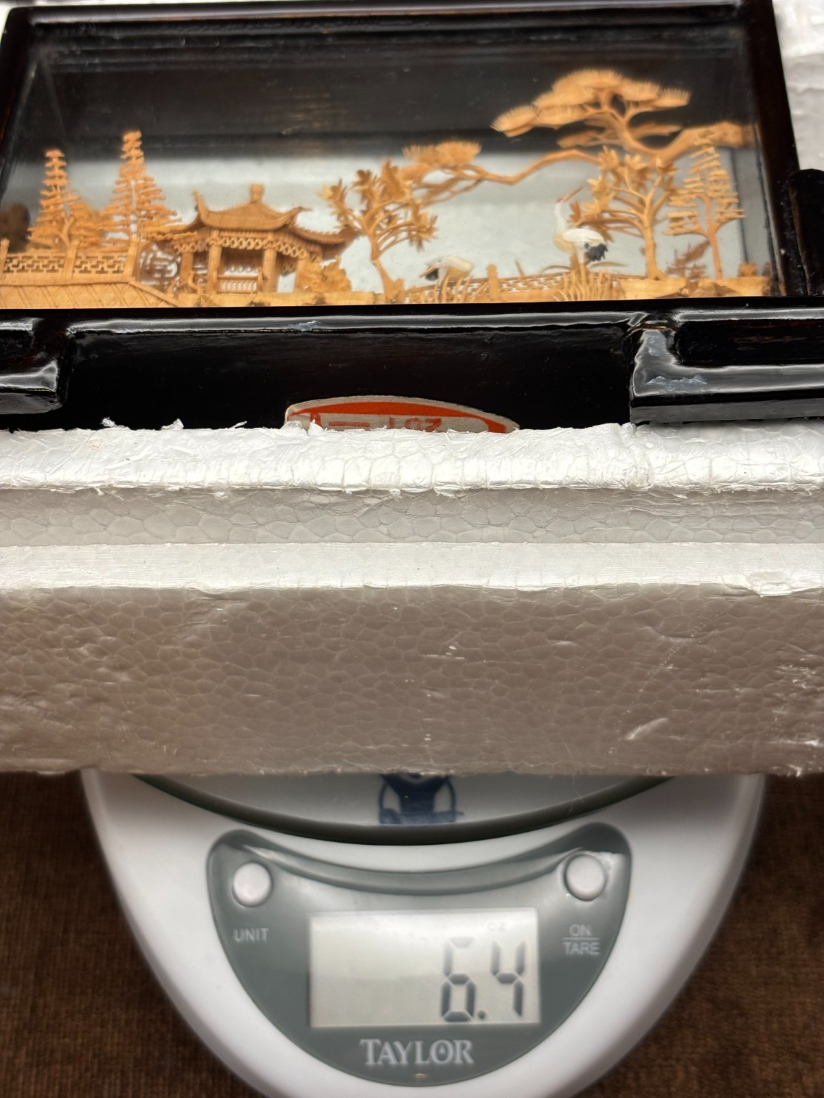 Chinese Carved Cork Sculpture Diorama 2 White Cranes Herons Black Enamel Frame