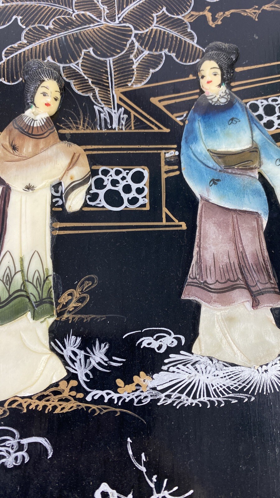 Vtg Lacquered Macau Black Wall Panels Mother of Pearl Decoration Asian Set 3