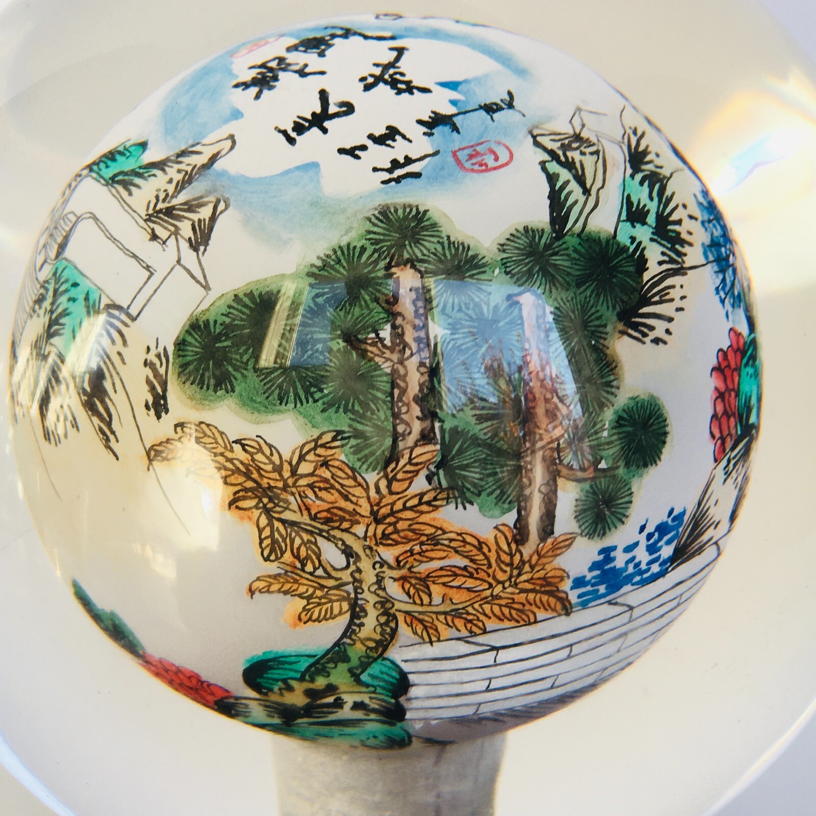 Reverse Painted Great Wall Vintage Glass Crystal Ball Sphere Signed 4.5″
