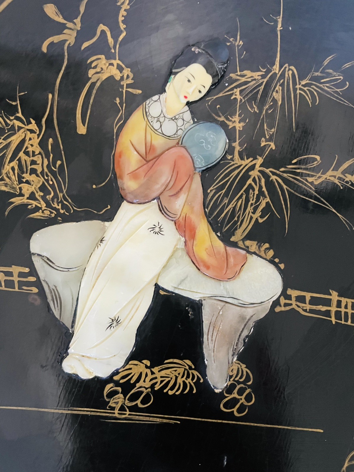 VINTAGE CHINESE Mother of Pearl Wall Plaque- Black- Round- 14″
