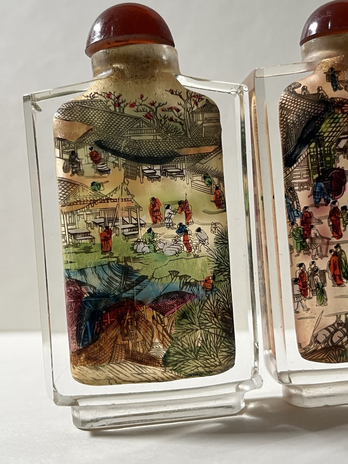 4 Vintage 50s Chinese Intricate Reverse Painted Glass Snuff Bottle River Scenes