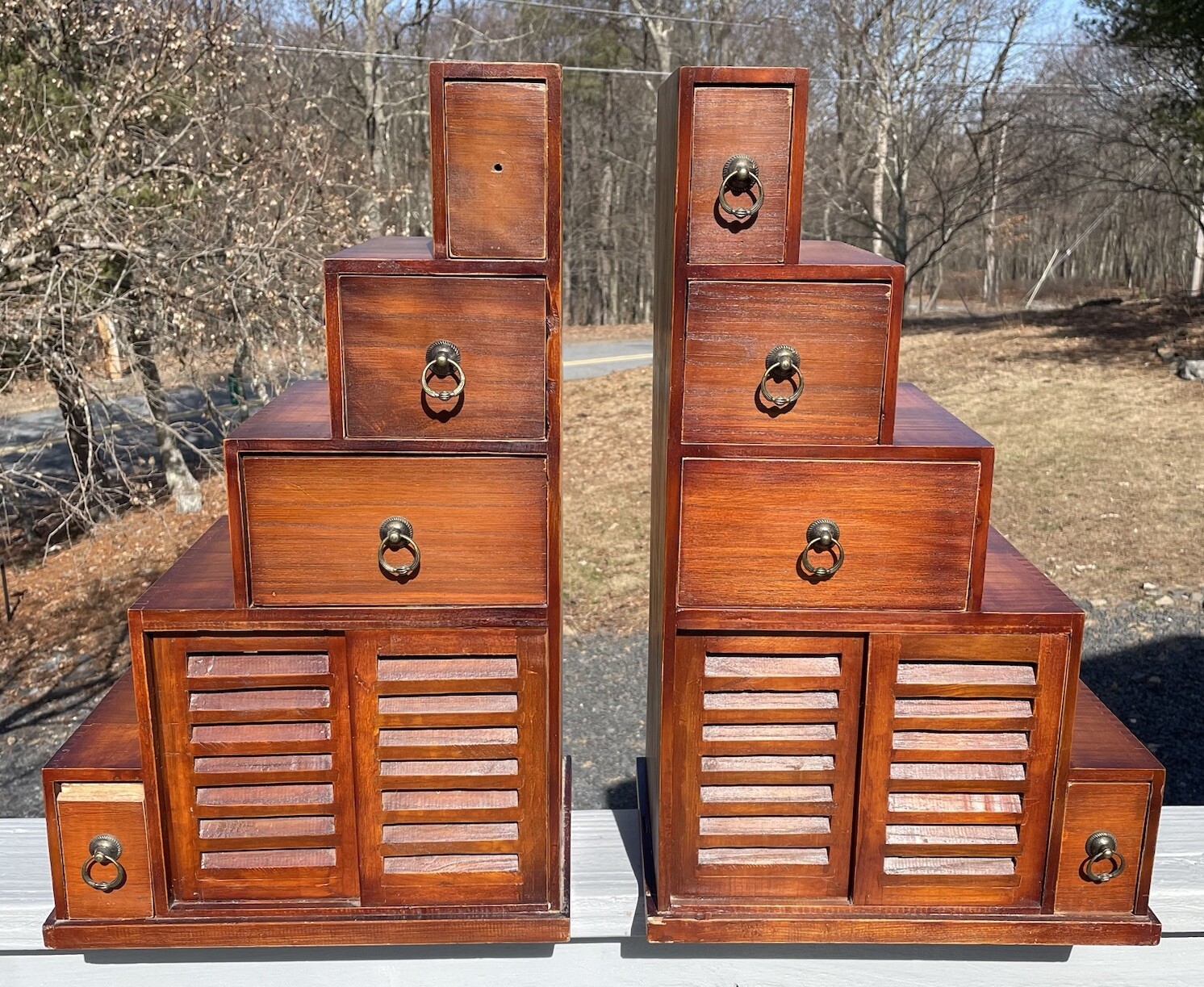 Pair of Vintage 20th C. Dovetailed Tansu Step Wooden Shelves Asian Art
