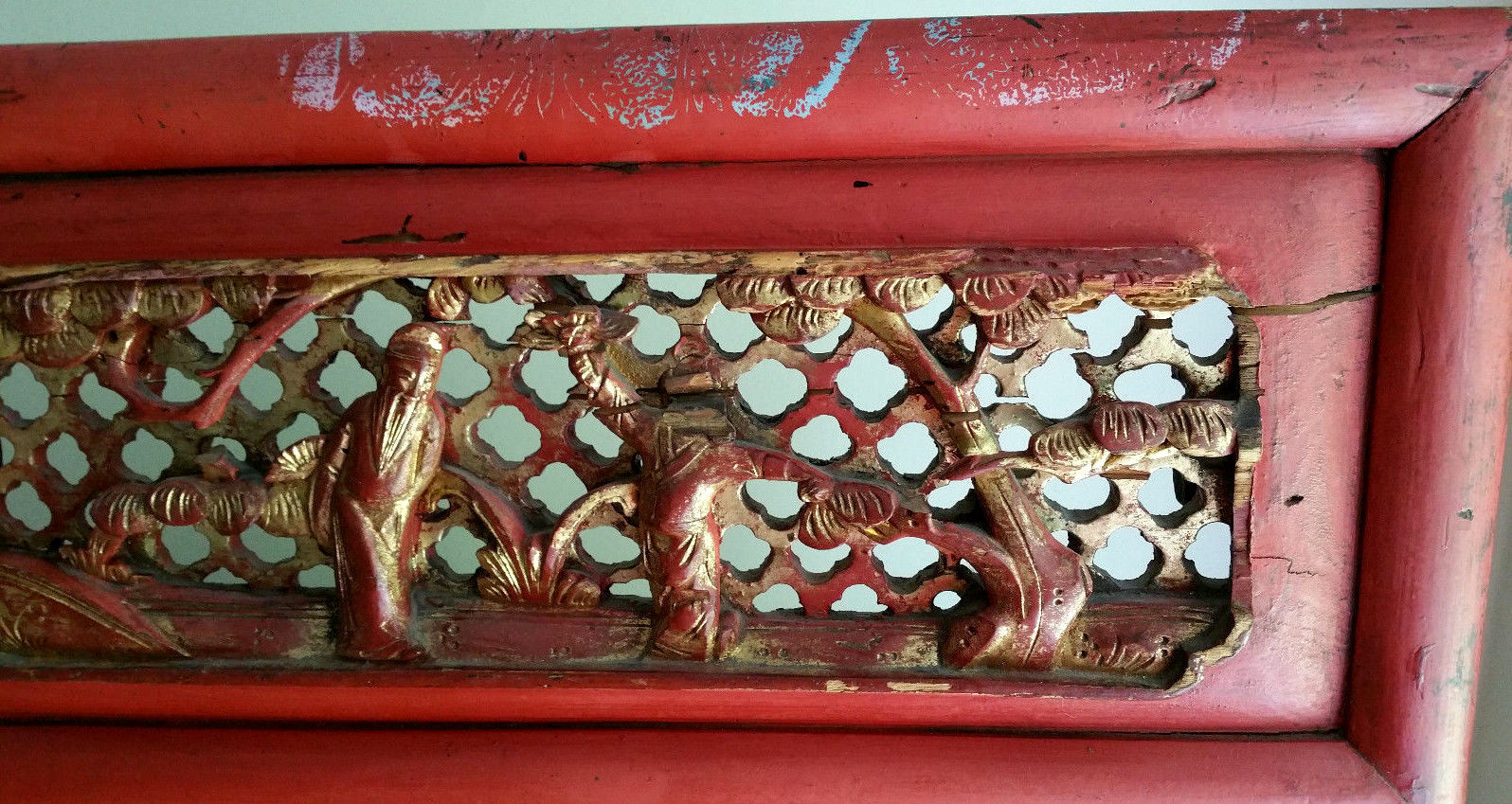 ANTIQUE CHINESE CARVED WOOD Wall Furniture PANEL Gold Red