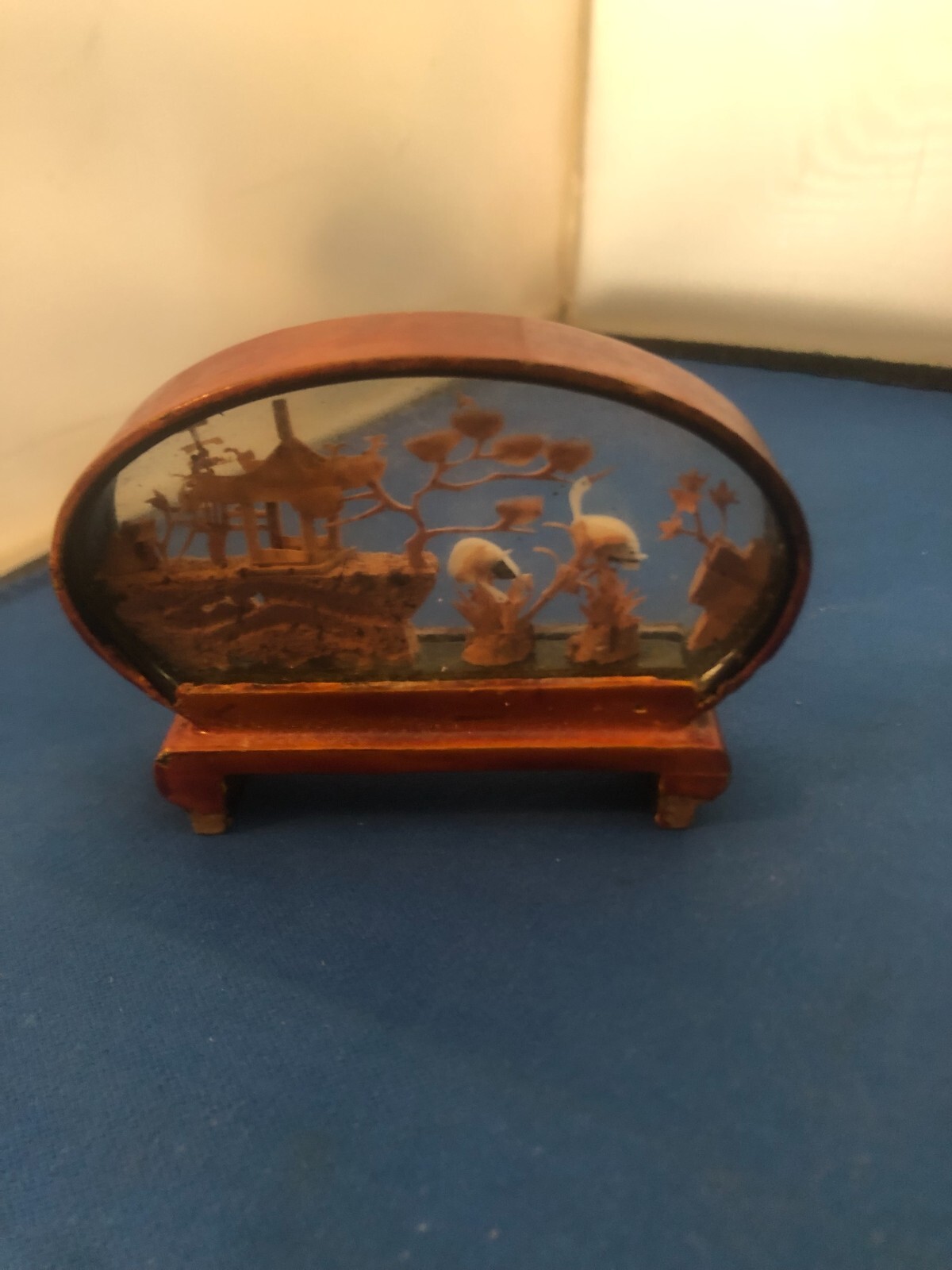 Vintage Chinese Cork Carving Diorama Oval Frame Cranes and Trees 2.75″ Tall