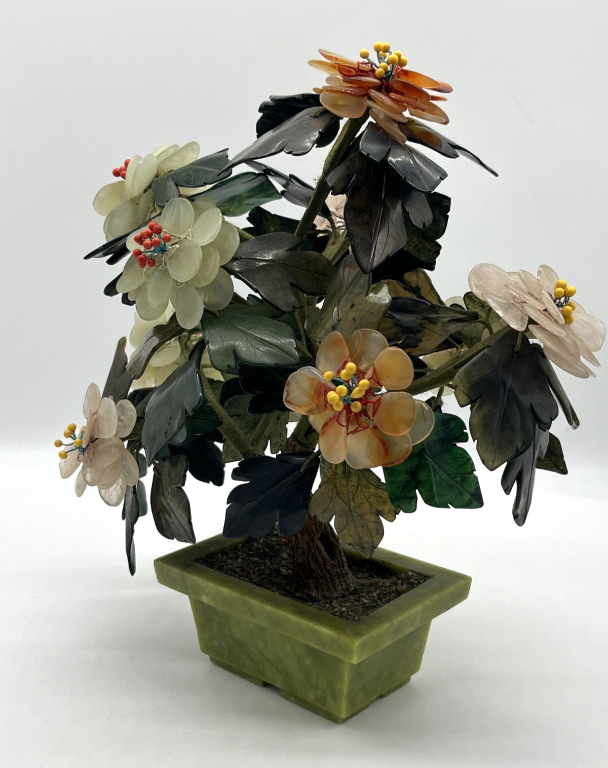 Vintage MCM Chinese Carved Gemstone Bonsai Tree Jade, Carnelian, Rose Quartz 11″