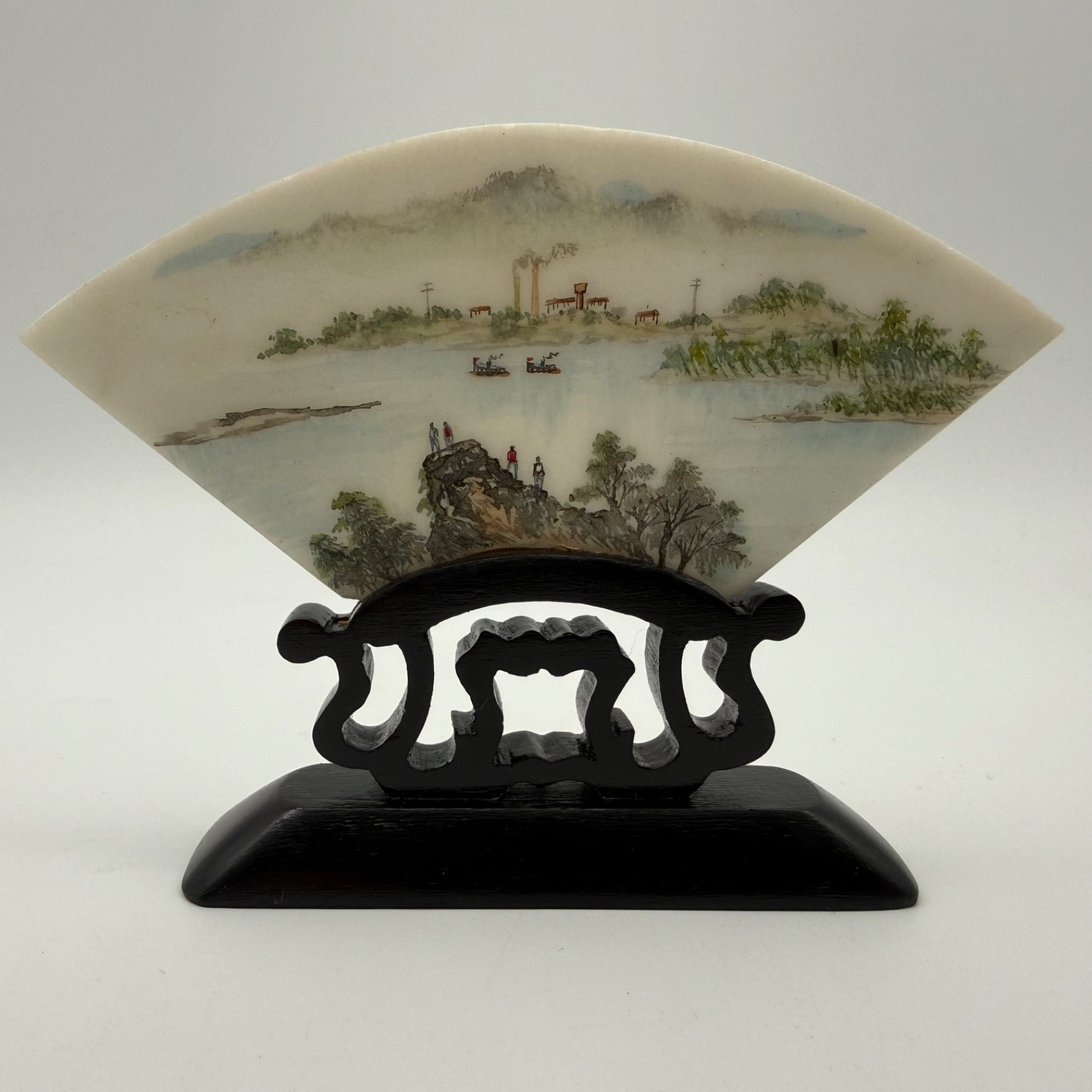 Vintage Chinese Hand Painted Marble Plaque Fan Shaped Landscape Wood Stand
