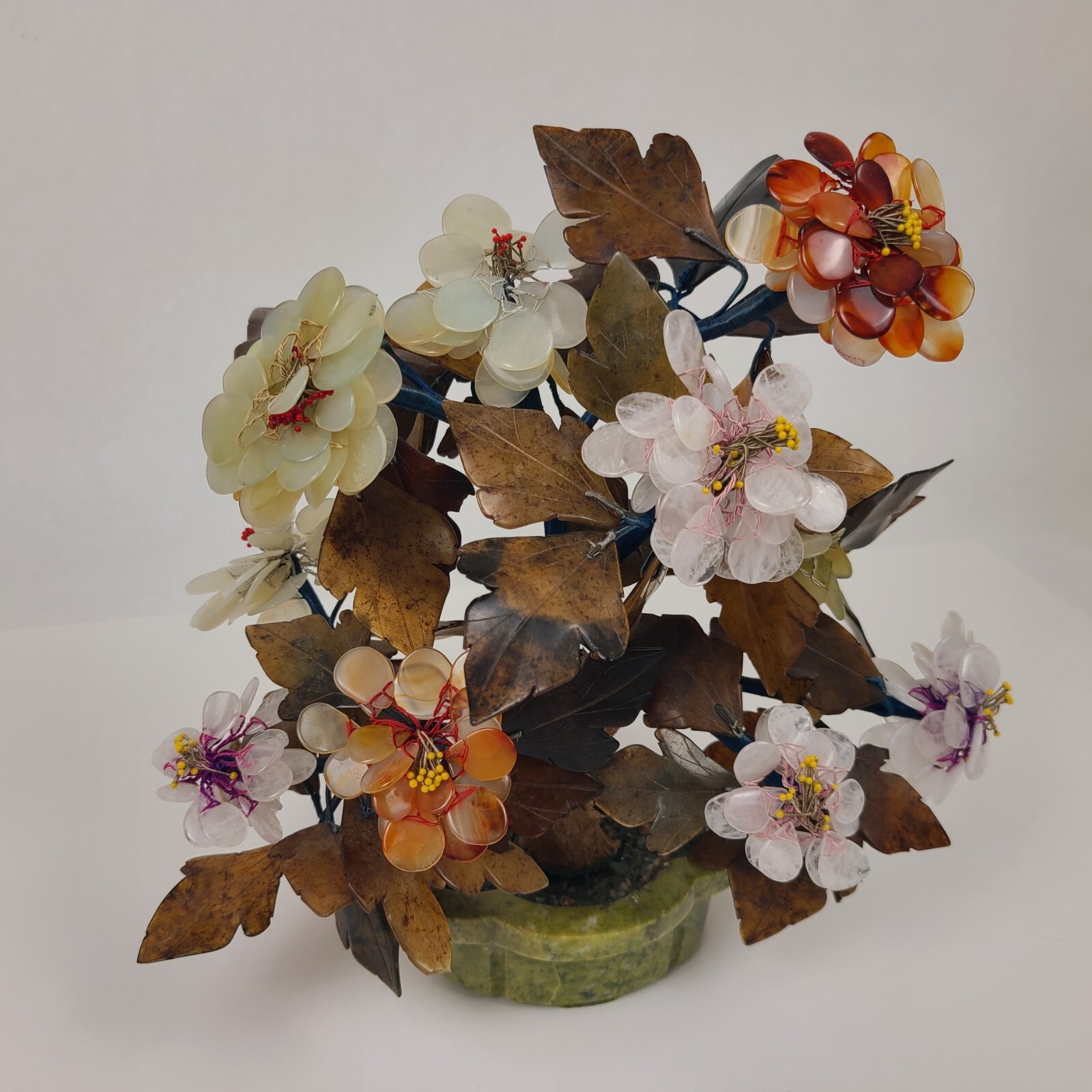 Vtg MCM Carved Agate Jade Quartz Bonsai Tree Flower Blossom Plant 11″ Tall Asian