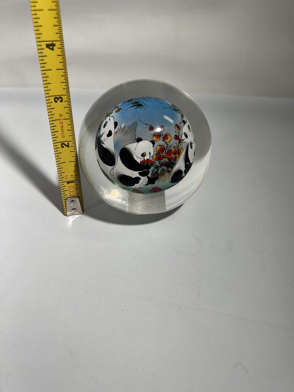 Chinese Glass Ball Sphere Paperweight Reverse Hand Painted Pandas Eat Watermelon