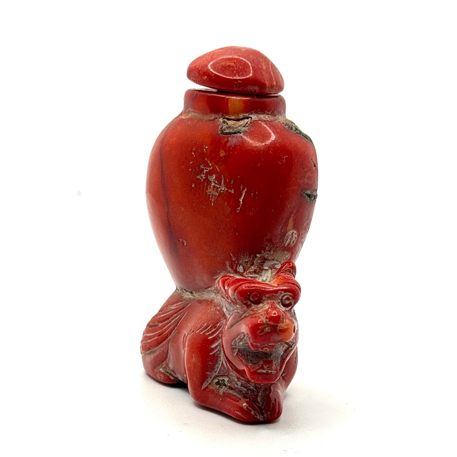 Vintage 60s Carved Natural Coral Dragon Chinoiserie Snuff Bottle
