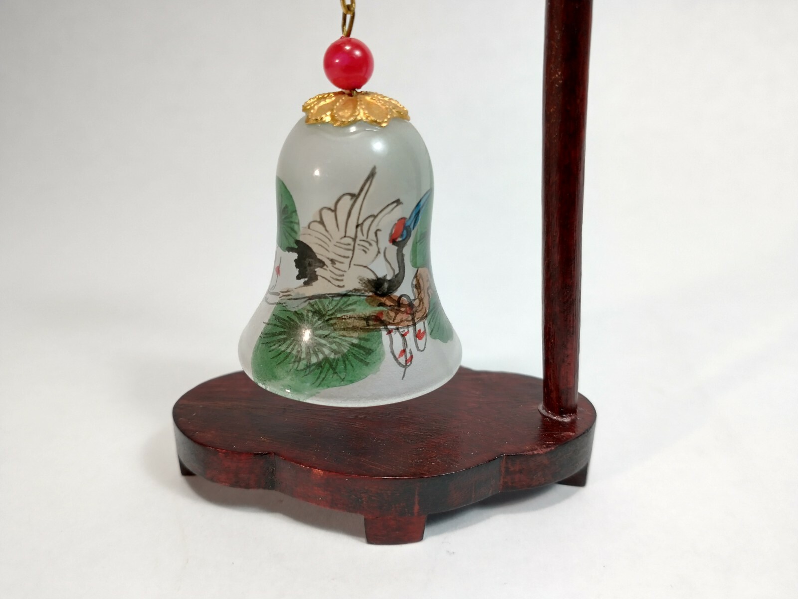 Chinese Asia Reverse Painted Glass Bell w/ Wood Dragon Stand Crane Birds Design