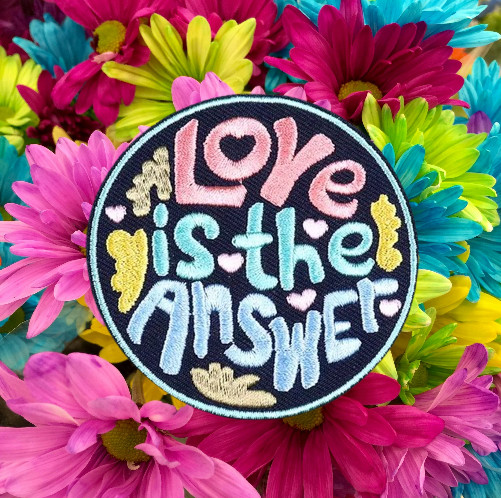 LOVE IS THE ANSWER – 3.0″ x 3.0″ Embroidered Iron-On Patch – Pastel Colors NEW